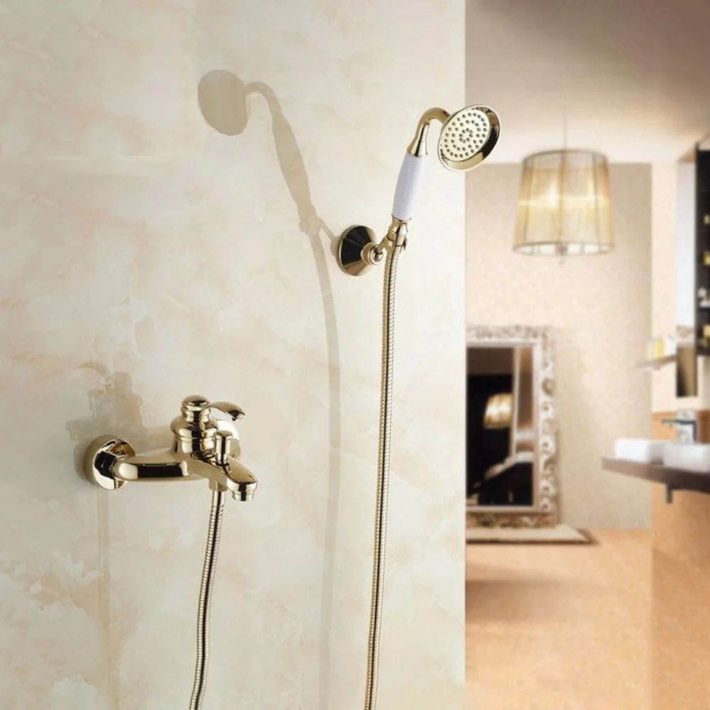 

Настенный латунный кран для раковины в ванной, золотой, с одной ручкой, ручной душевой набор с настенным кронштейном и шлангом 1,5 м atf402