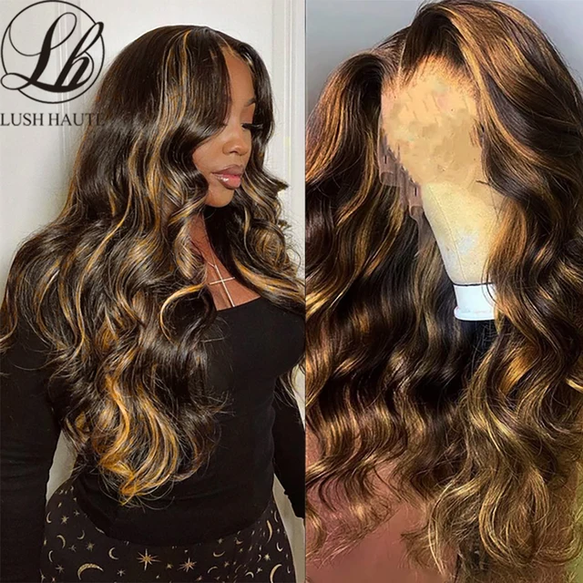 Synthetic Highlight Wigs Lace Front Wigs 13X4X1 T Part Frontal Lace Heat Resistant Fiber Wig for Black Woman P27 Long Wavy Hair #1B