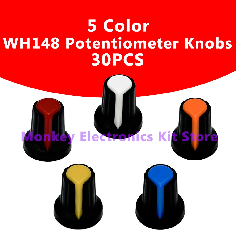Potentiometer Knobs 30PCS 5Color Lot WH148 15X17mm 6mm Plastic Knobs Cap Yellow Orange Blue White Red
