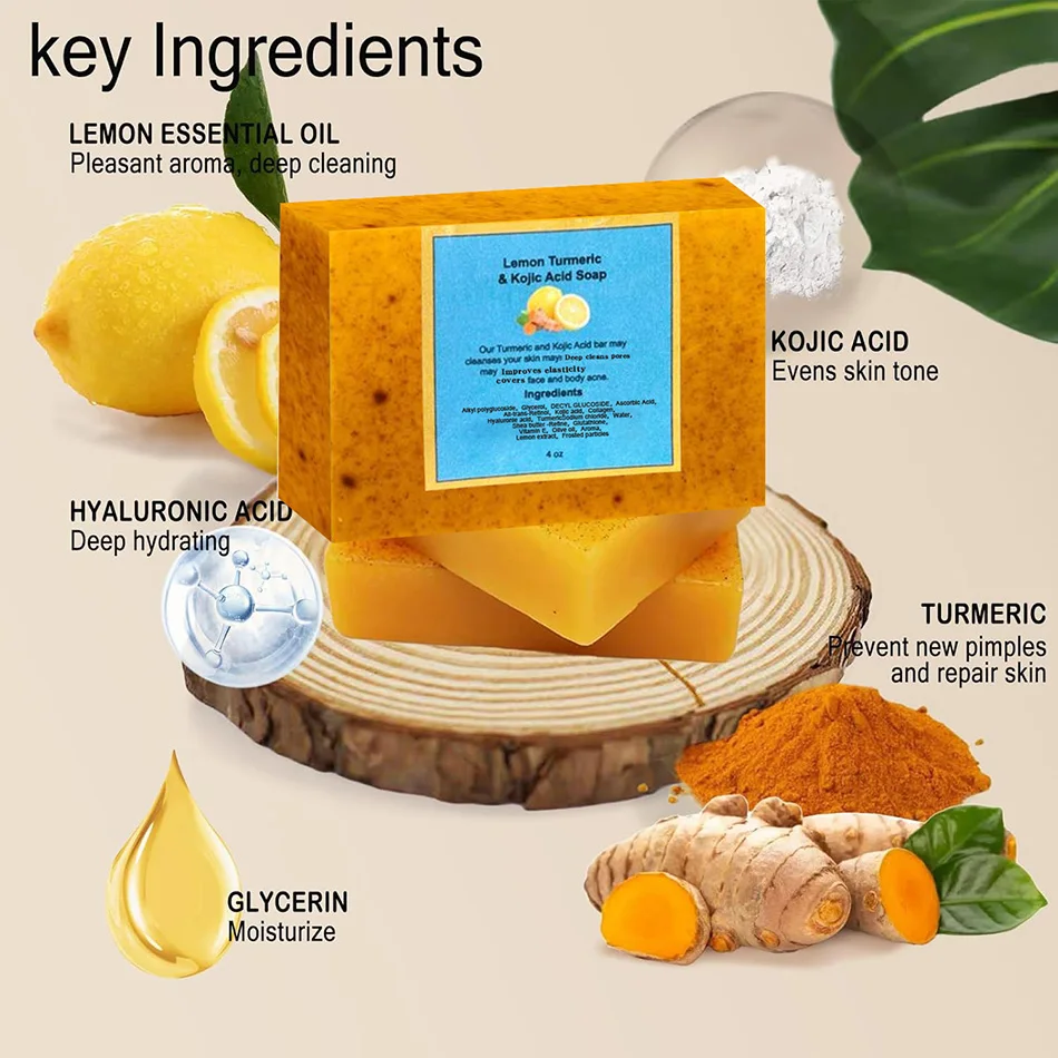 2pcs Turmeric Lemon Soap, Glowing Skin Best Soap Ever Kojic Acid Soap Skin Toning Face and Body Soap Bar Acne, Clogged Pores 2