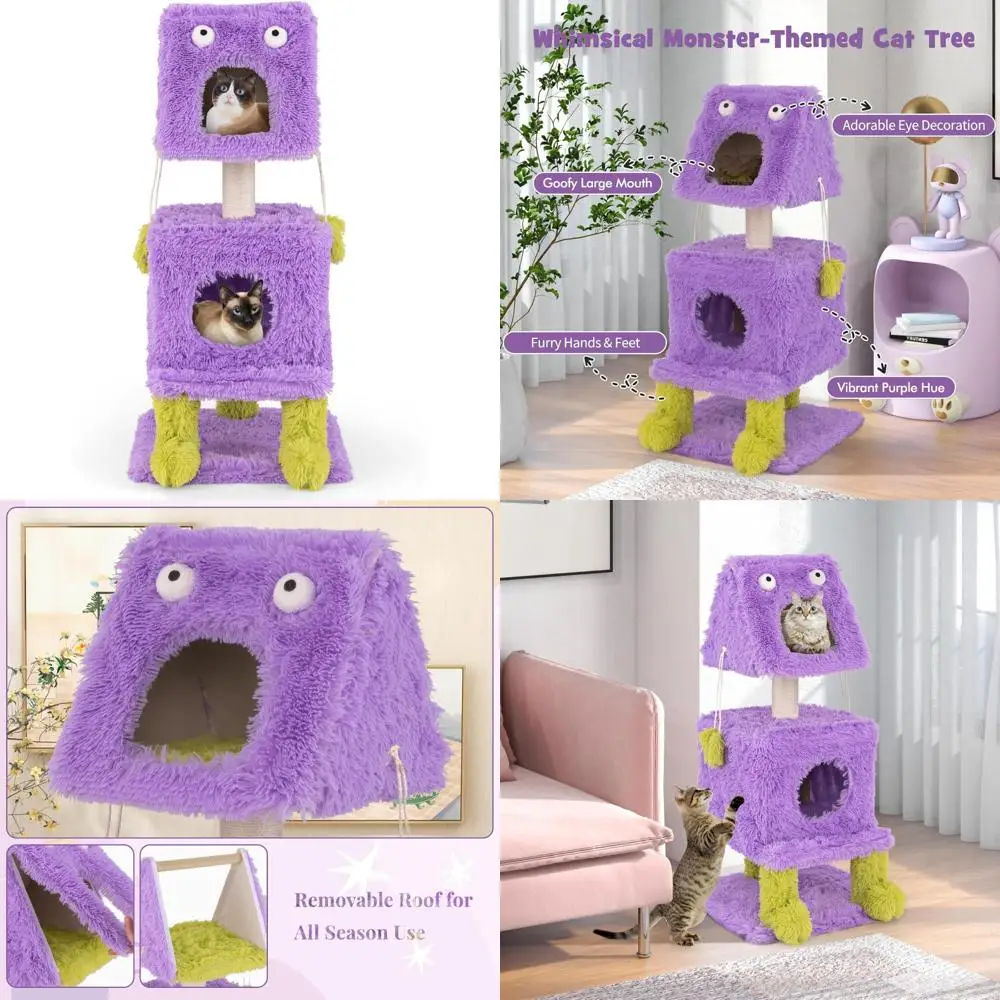 3-Tier Monster-Themed Cat Tower – Sisal Scratching Posts, 2 Enclosed Condos & Hanging Toys