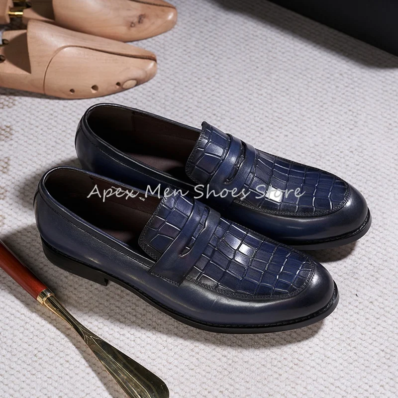 Fashion Checkered Slip On Loafers for Men Casual Cowhide Handmade Office Leather Shoes Versatile Male Wedding Shoes Daily