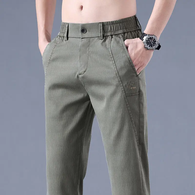 Summer New Thin Breathable Versatile Casual Pants Men's Solid Button Zipper Pockets Patchwork Fashion Korean Straight Trousers