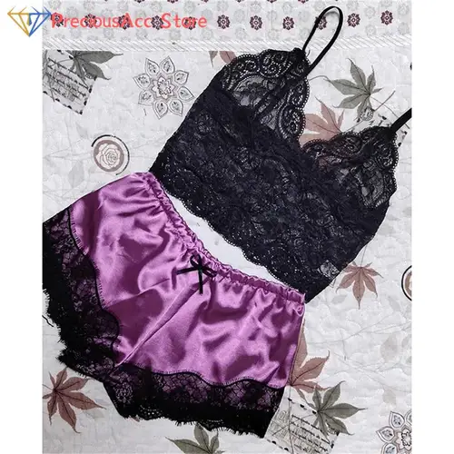 여성 레이스 V 넥 잠옷 세트, 란제리, 민소매, 잠옷, 크롭트, 여성 잠옷, 섹시한 새틴 파자마 세트, 상의 및 반바지, 1 세트 5
