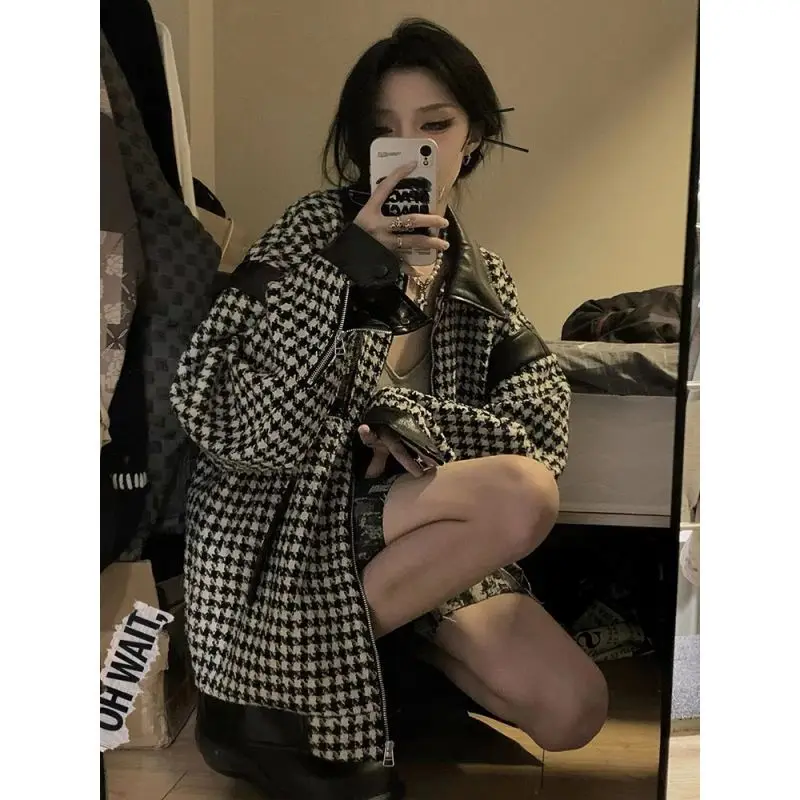 

ZOUXO Woman Jacket 2022 Spring Autumn Houndstooth Jacket Loose Stitching Versatile Vintage Casual Coat Clothes