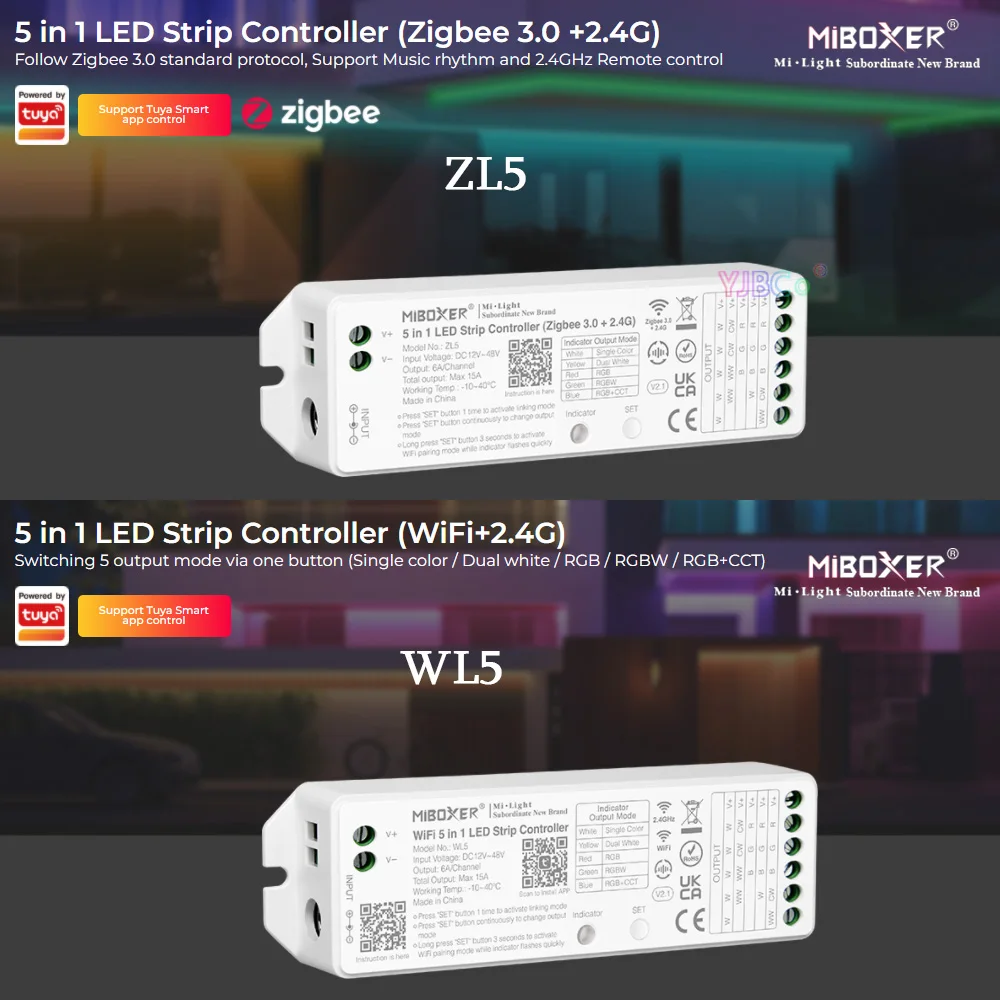 Miboxer Wifi 5 in 1 LED Strip Controller Tuya DMX512 Single color/Dual white/RGB/RGBW/RGB+CCT light tape Dimmer DC 12V 24V