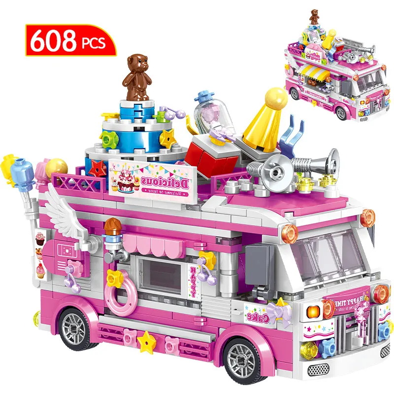 City Friends Ice Cream Truck Street View Dining Car Mini Building Blocks Food Snack Shop Model Bricks Toys For Children Girls
