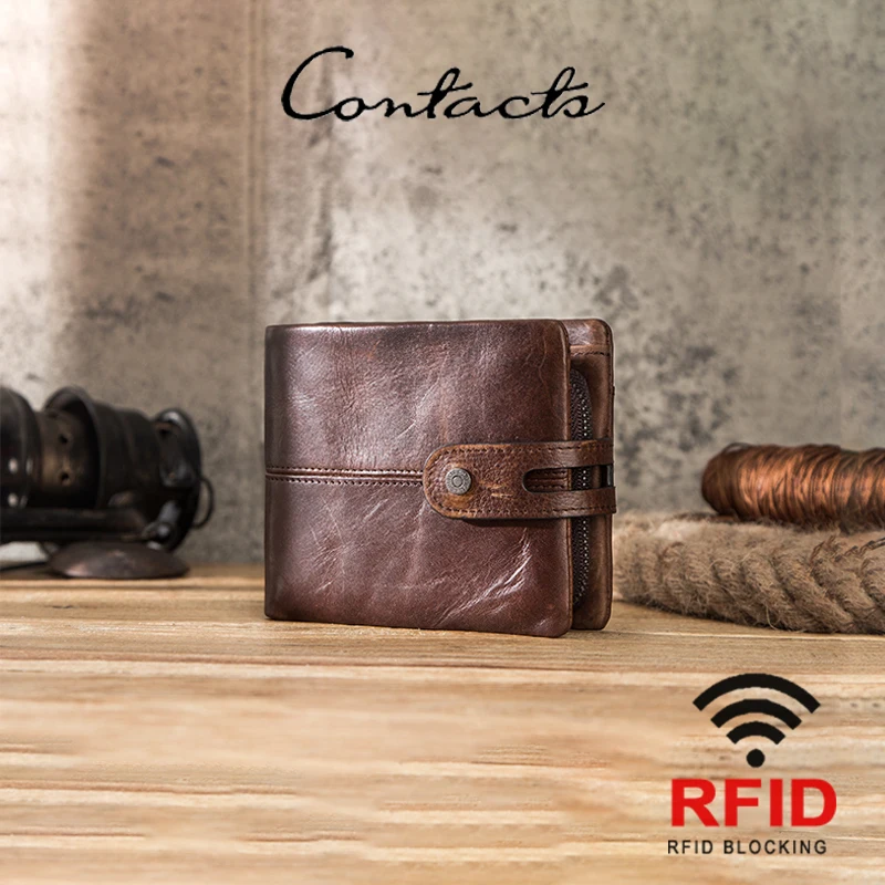 CONTACTS Portafoglio Uomo In Vera Pelle Con Cerniera: Bifold, 7 Slot Carte, Portamonete, Colore Caffè, Regalo Ideale - 2