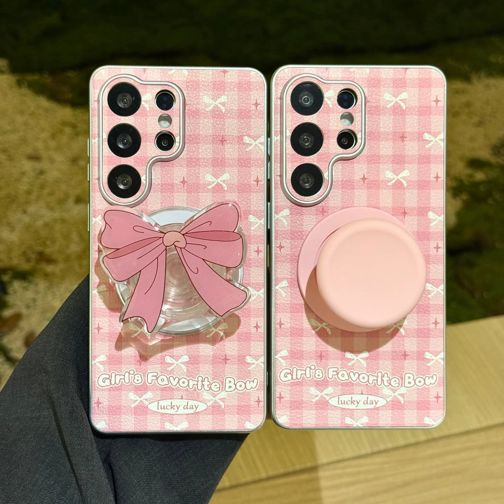 Korean Cute Bow Pink Grid Magnetic Phone Case with Holder Cover