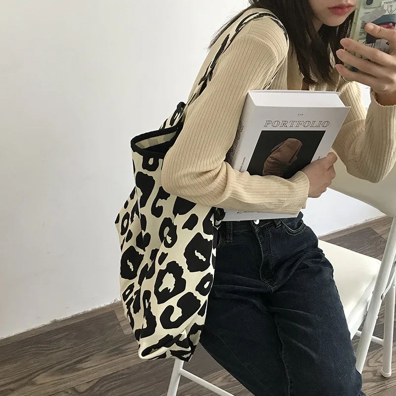 Canvas Bag Women Bag Pink Leopard Shoulder Large Capacity Casual Totes Ladies Cute Canvas Bucket Handbag canvas bag women handbags