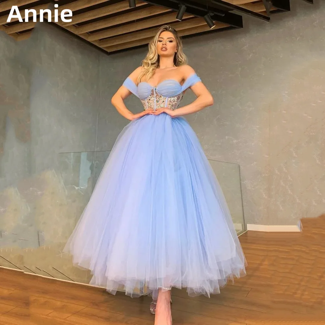 

Blue Prom Dresses Handmade Beadwork Evening Dress فساتين السهرة A-line Tulle Formal Occasions Birthday Wedding Party Dresses