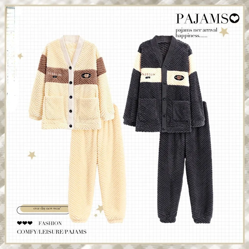 Couple Pajamas Fall Winter Sleepwear Suits Coral Fleece Thick Nightgown Casual Simple Little Fragrant Homewear Home Clothes Sets