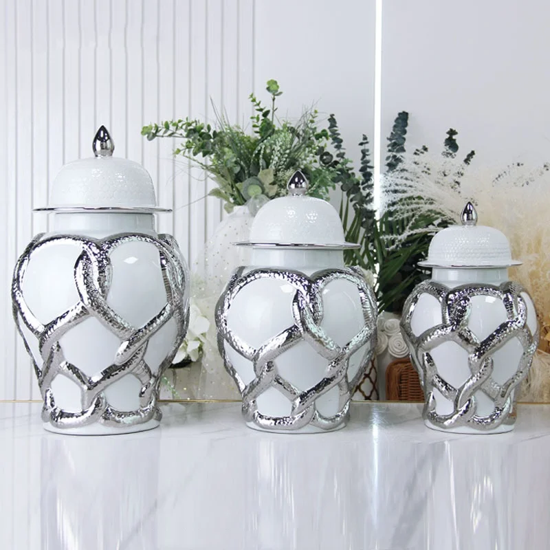 Ceramic Checkmate Jar Porcelain Craftwork Ginger Jar Flower Vase Gold Cross Cord Ceramic Storage Tank Home Decoration 3