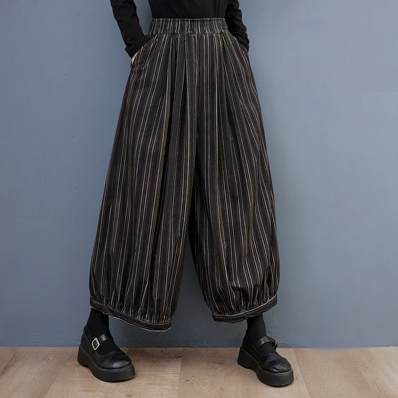

2023 New European American Fashion Winter Spring Wide Leg Pants High Waist Print Striped High Waist Women Autumn Casual Pants