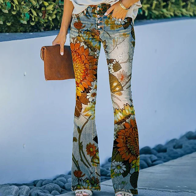 Vintage Printed Flared Pants Women Stretchy Flared Pants High