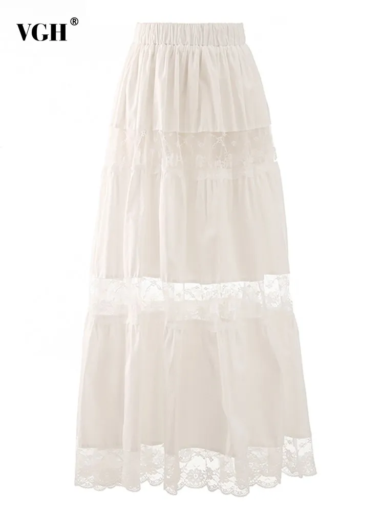 

VGH Patchwork Lace Sheer Casual Skirts For Women High Waist Folds Temperament A Line Loose Korean Midi Skirt Female Summer New