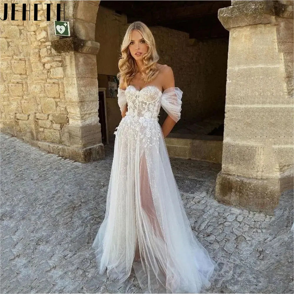 JEHETH Princess Off Shoulder Tulle Bridal Dresses Romantic Sweetheart Neck Short Sleeves Wedding Gown платье женское Custom Made