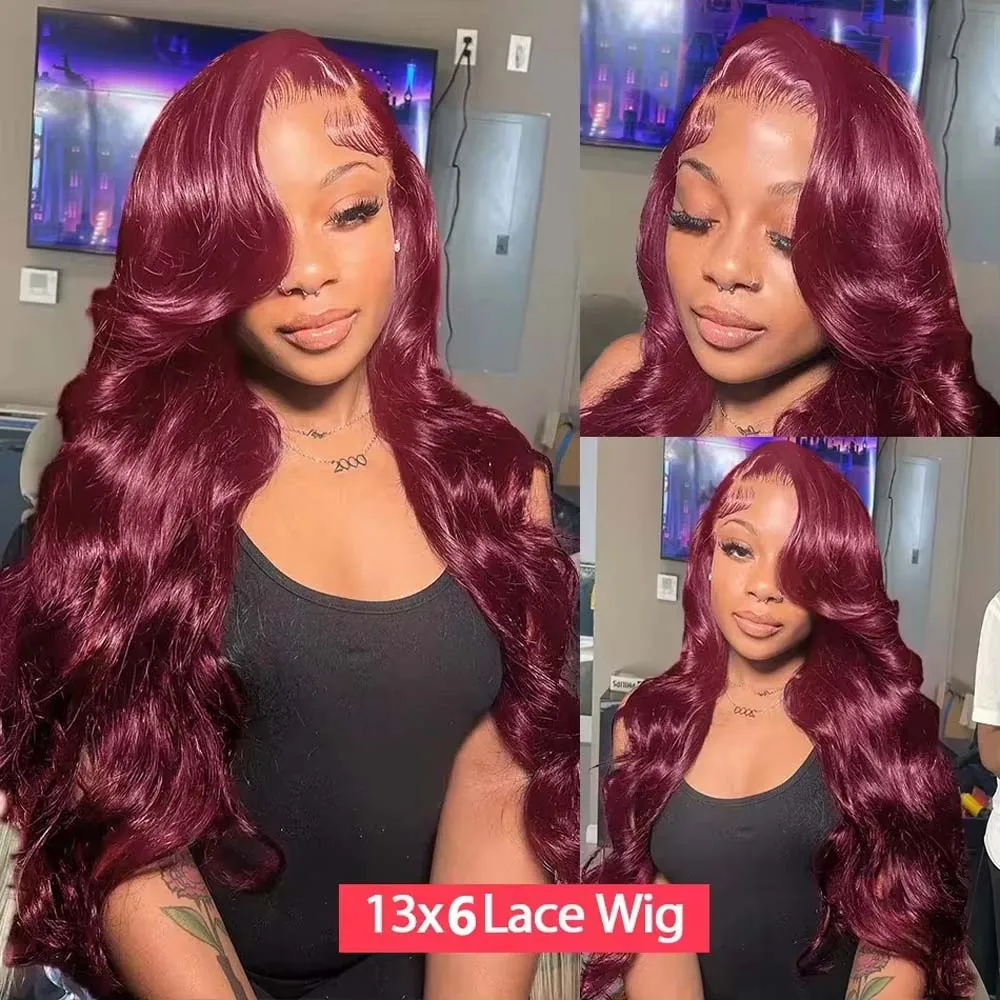 99J Burgundy 34 inch Brazilian Body Wave 13x6 HD Lace Front Human Hair Wigs For Women 13x4 Lace Frontal Wig Glueless Closure Wig 4