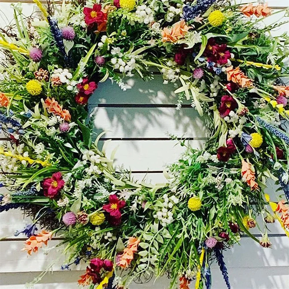 Ghirlanda Primaverile Per Porta Con Margherite, Lavanda E Eucalipto - Diametro 60 Cm - Decorazione Interna/Esterna