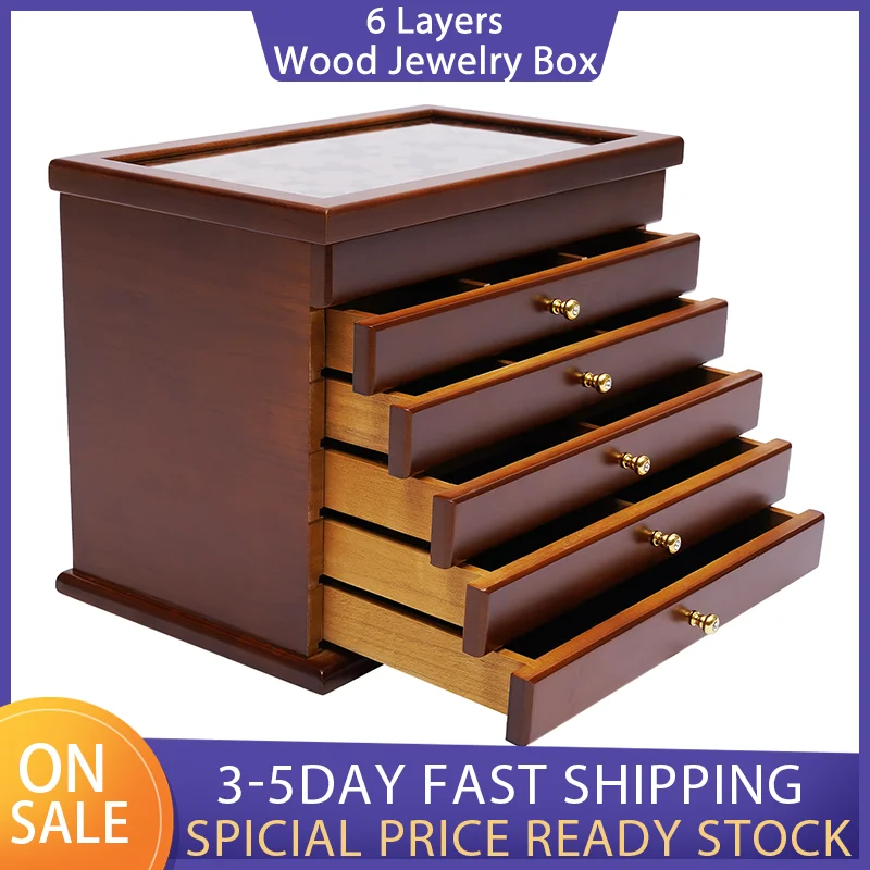 Wood Jewelry Box and Organizer 6 Layers Large Jewellery Case with 5 Drawers Women Jewelry Storage Box for Bracelets Necklaces