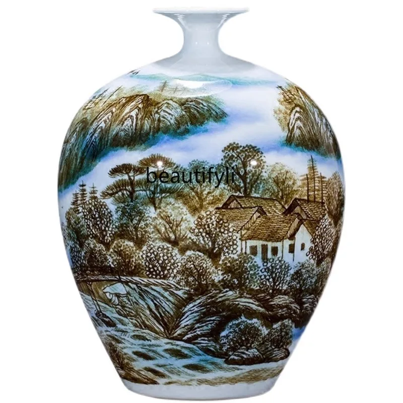 

Ceramic Vase Artificial Hand-Painted Living Room Curio Shelves Decoration Chinese Pastel Landscape Painting