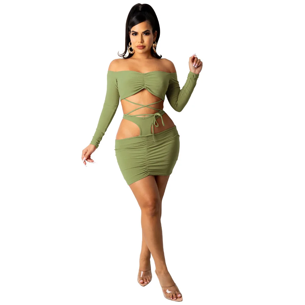 

Весна-лето 2023, женские популярные пикантные плиссированные костюмы со шнуровкой и юбкой, короткий топ + юбка, Женский костюм для ночного клуба