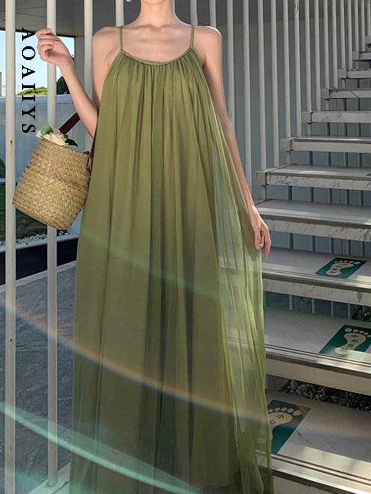 

Платья Aoaiiys для женщин, модное зеленое платье без рукавов на бретелях-спагетти, летние французские сетчатые тканевые пляжные праздничные длинные платья