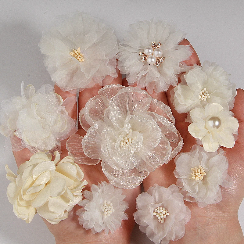 10 teile/los beige Serie Mix Styles Set Chiffon Stoff Blumen für Hochzeits einladung künstliche Blumen für Kleid Hut Dekoration