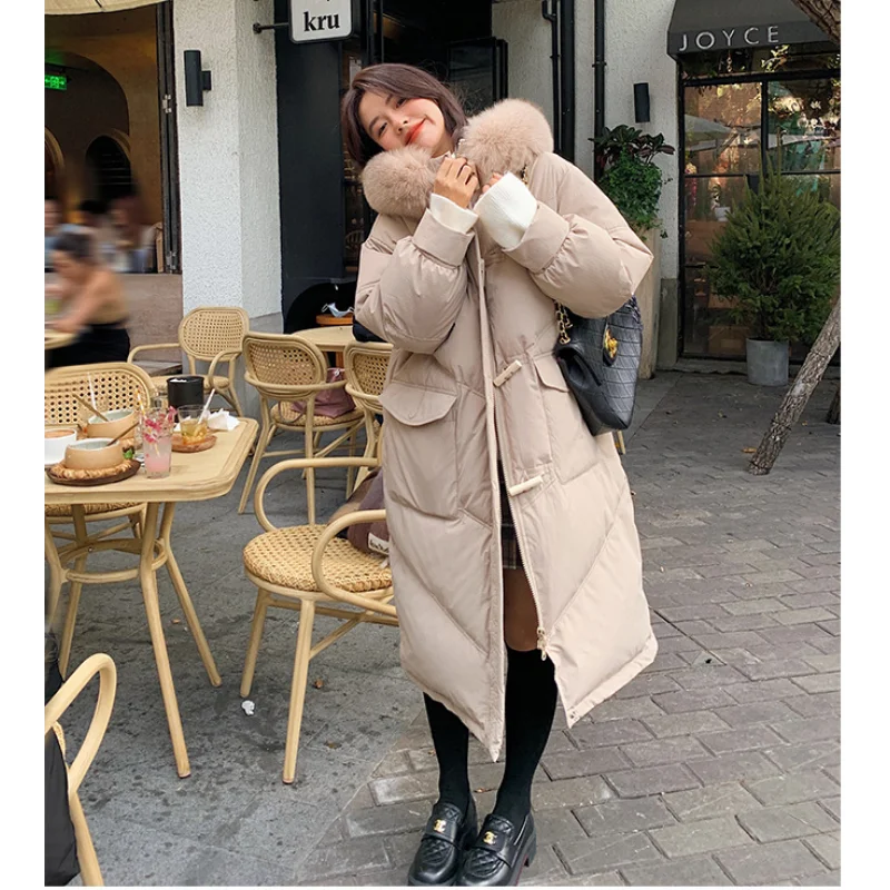 Fox Fur Collar Down Jackets Hooded Women Winter Fashion Horn Button Thickened White Duck Coats Straight Pocket Windproof Cuffs
