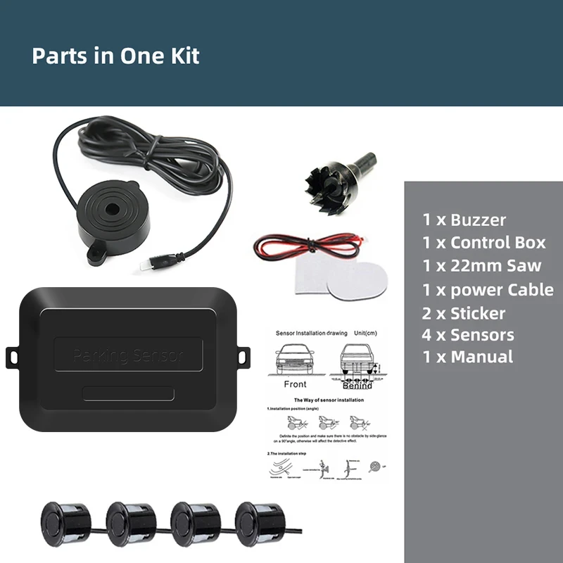 Car Parking Sensor Kit Reverse Backup Radar Sound Alert Indicator Probe System 12V 1 Set 4 Sensors Buzzer 22mm