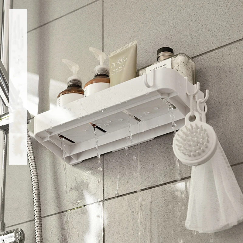 No Punching Bathroom Storage Rack Wall Mounted Shower Shelf Shampoo Makeup  Organizer Shelf Bathroom Toilet Rack With 2 Hooks - AliExpress