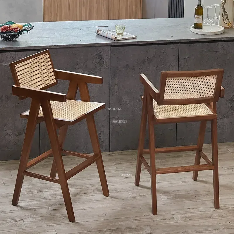 Nordic Simple Retro Bar Furniture Solid Wood Rattan Bar Chairs Creative Front Desk High Stools Nordic Home Backrest Chair R