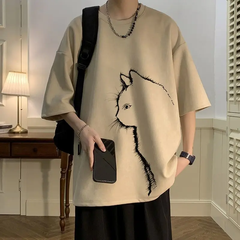 

Men Short Sleeved T-shirt Suede Velvet Summer Cartoon Print Tops Loose Fitting Quarter Sleeves Leisure Time Cat Printing Hatless