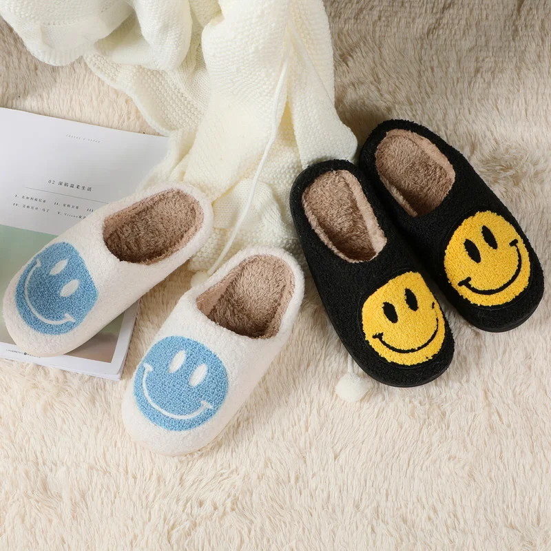Women's and men's big smiling face pattern fur slippers, home slippers, autumn warm plush slippers, bedroom cotton shoes