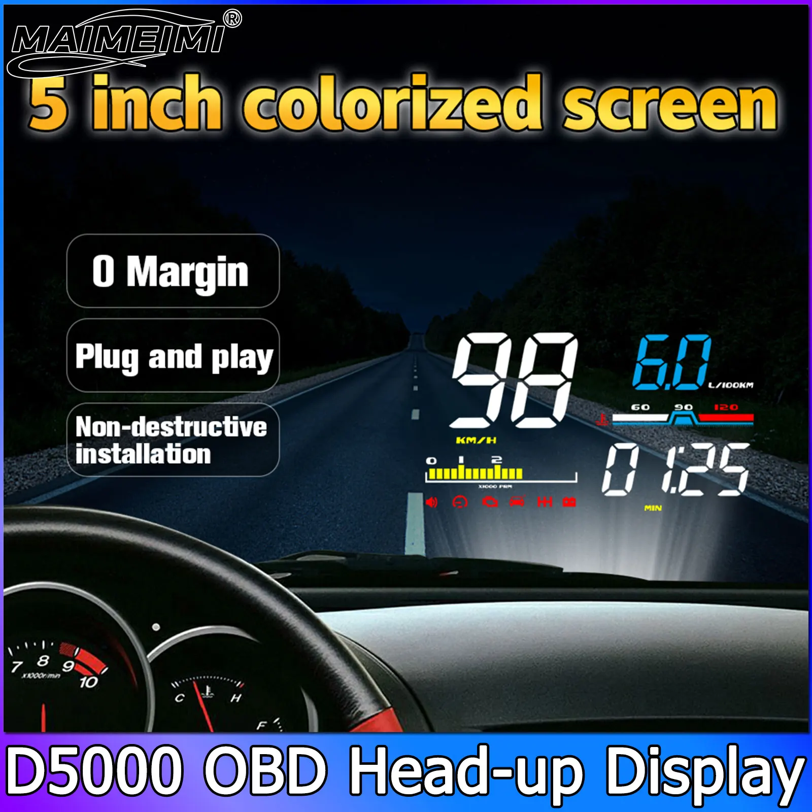 Pantalla de Proyección Head-Up Display D5000 para Coche, Herramienta de Diagnóstico OBD2, Alarma de Seguridad Digital, Velocímetro, Tacómetro 1