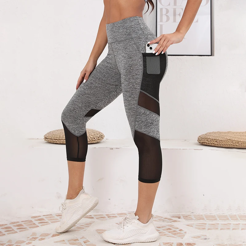 Mesh High Waist Yoga Pants Capri Leggings with Pockets for Women Tummy Control Workout Capri Leggings for Women