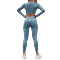 wholesale 50sets Women's long-sleeved yoga suit set with long pants, two-piece, slim-fit, washed, fitness pants set 1
