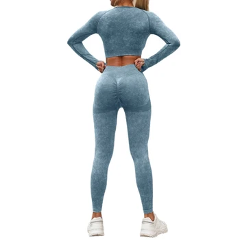 wholesale 50sets Women's long-sleeved yoga suit set with long pants, two-piece, slim-fit, washed, fitness pants set 1
