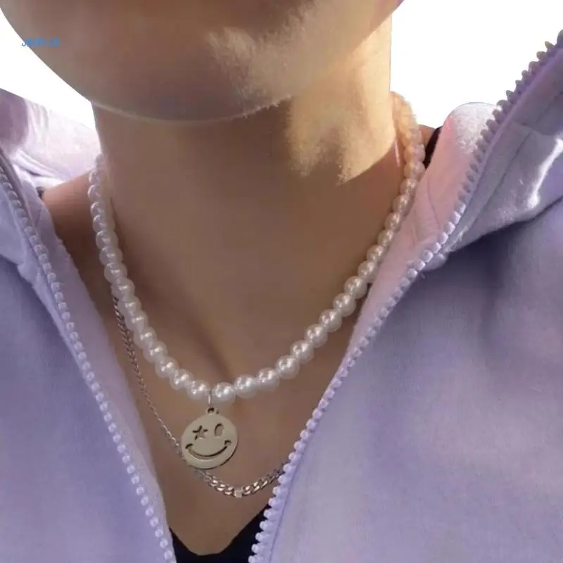 

Pearl Face Necklace Unique Clavicle Chain for Women Wink Face Pendant Choker Adjustable Jewelry Ornament