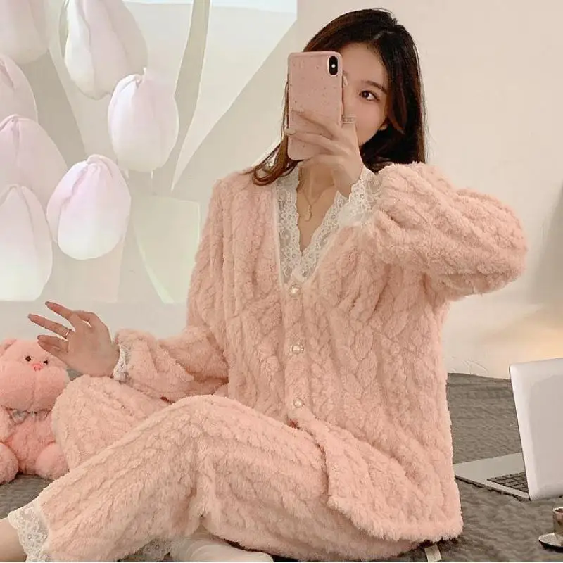 

2022 Winter New Women's Pajamas Set Thicken Dobby Flannel Sleepwear Sexy Lace V-neck Cardigan&Pants Pijama Suit Home Clothes