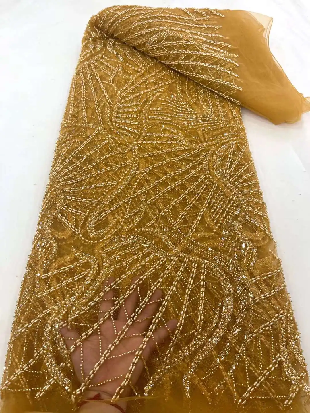 

African Heavy Beaded Lace Fabric French Handmade 3D Embroidery Sequins Lace Fabrics For Bridal Wedding Dress
