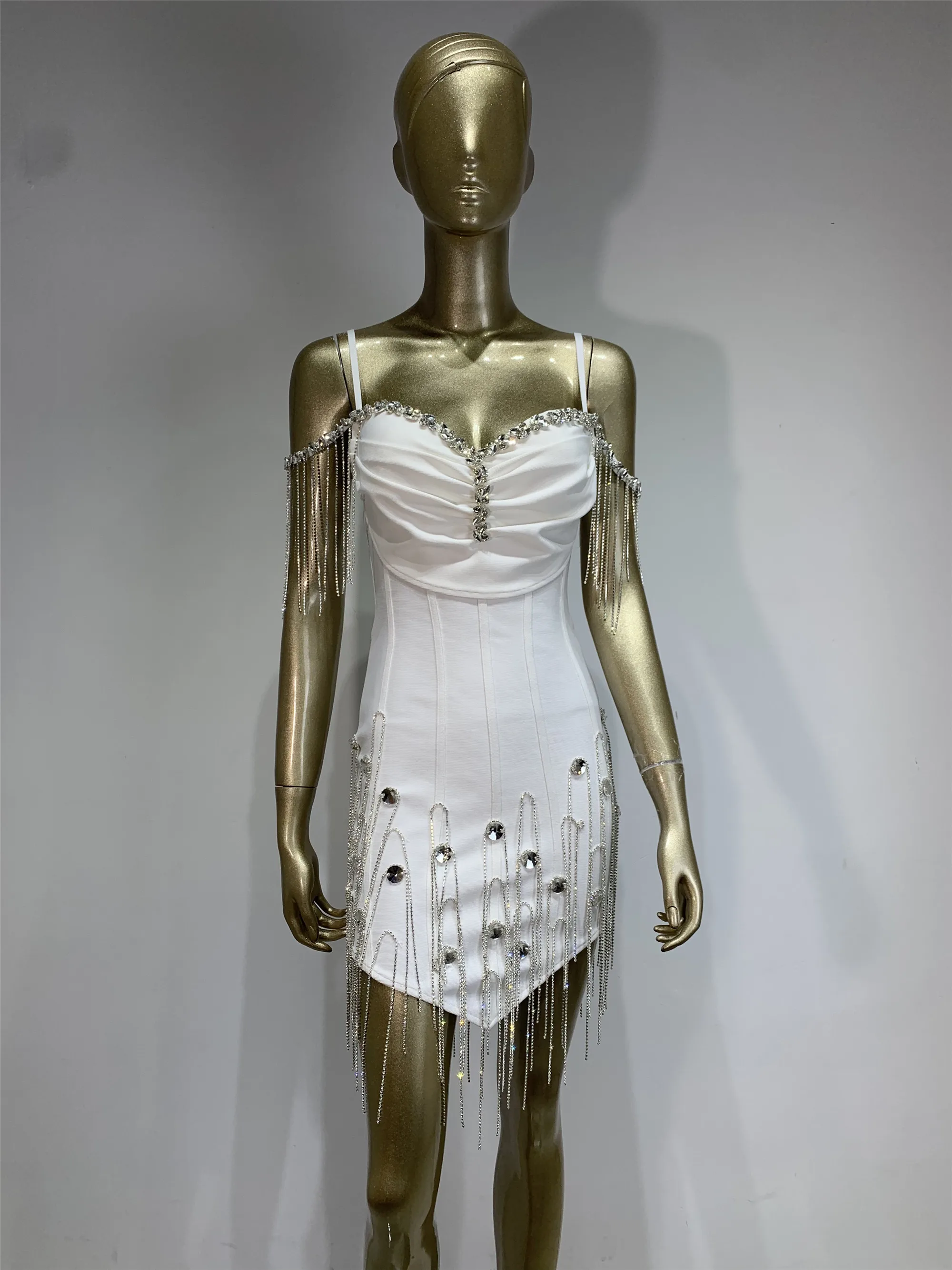 Women Luxury Evening Club Party Dress Sexy White Black Spaghetti Strap  Crystal Tassel Bodycon Mini Short Bandage Dresses - AliExpress 200000345