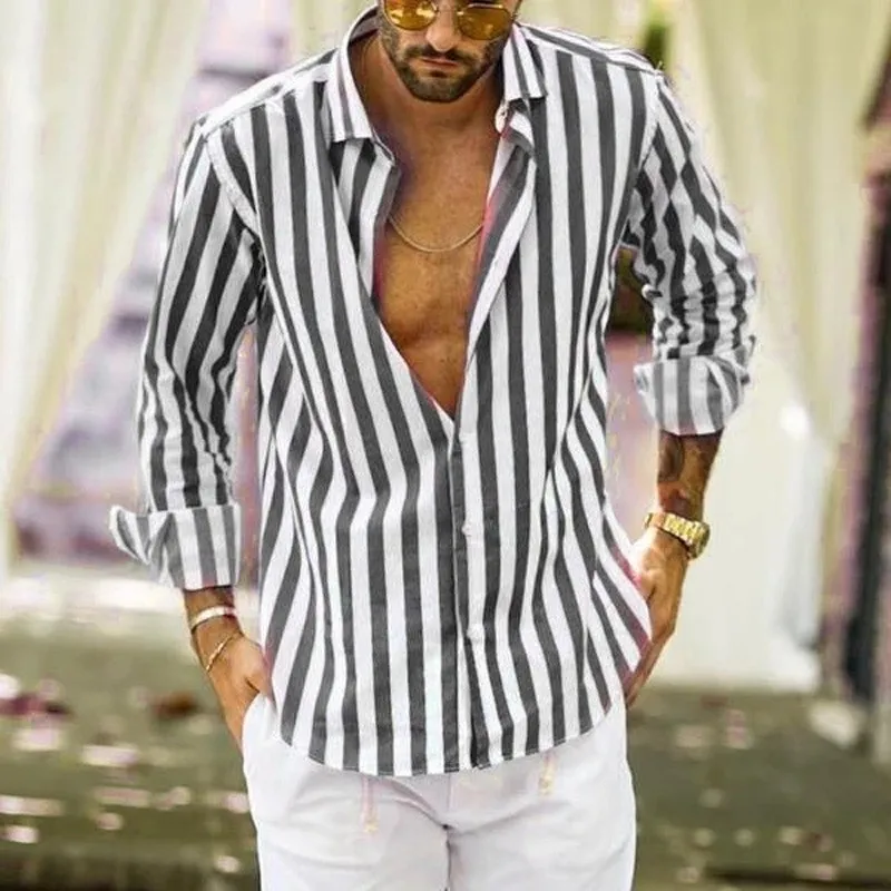 Men Mens Linen Button-Down Shirts Casual Striped Long Sleeve Summer Beach Shirt