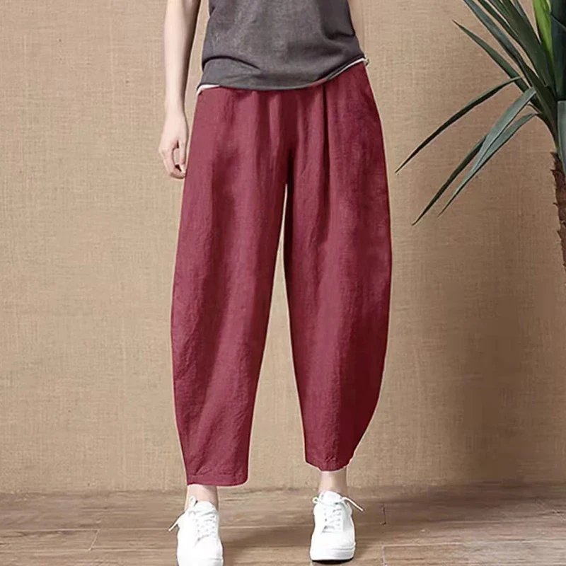 thumbnail image 1 of Pantalones harén de lino y algodón estilo retro holgados Y2k para mujer, pantalones hasta los tobillos elásticos de cintura alta estilo Harajuku de verano, pantalones casuales de gran tamaño, nuevos, 1 of 4