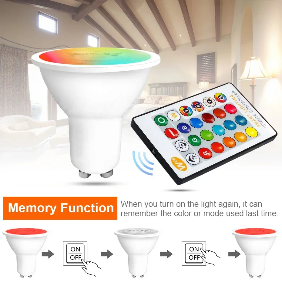 

Hot Sell 8W Smart LED Bulb Light GU10 RGB RGBW Dimmable 16Colors Magic Changeable LED Spotlight AC85-265V with IR Remote Control