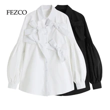 

FEZCO Spring Women Solid Bow Decoration Blouses Long Sleeve Shirt Single Breasted Japanese Korean Design Aesthetic Girls Top