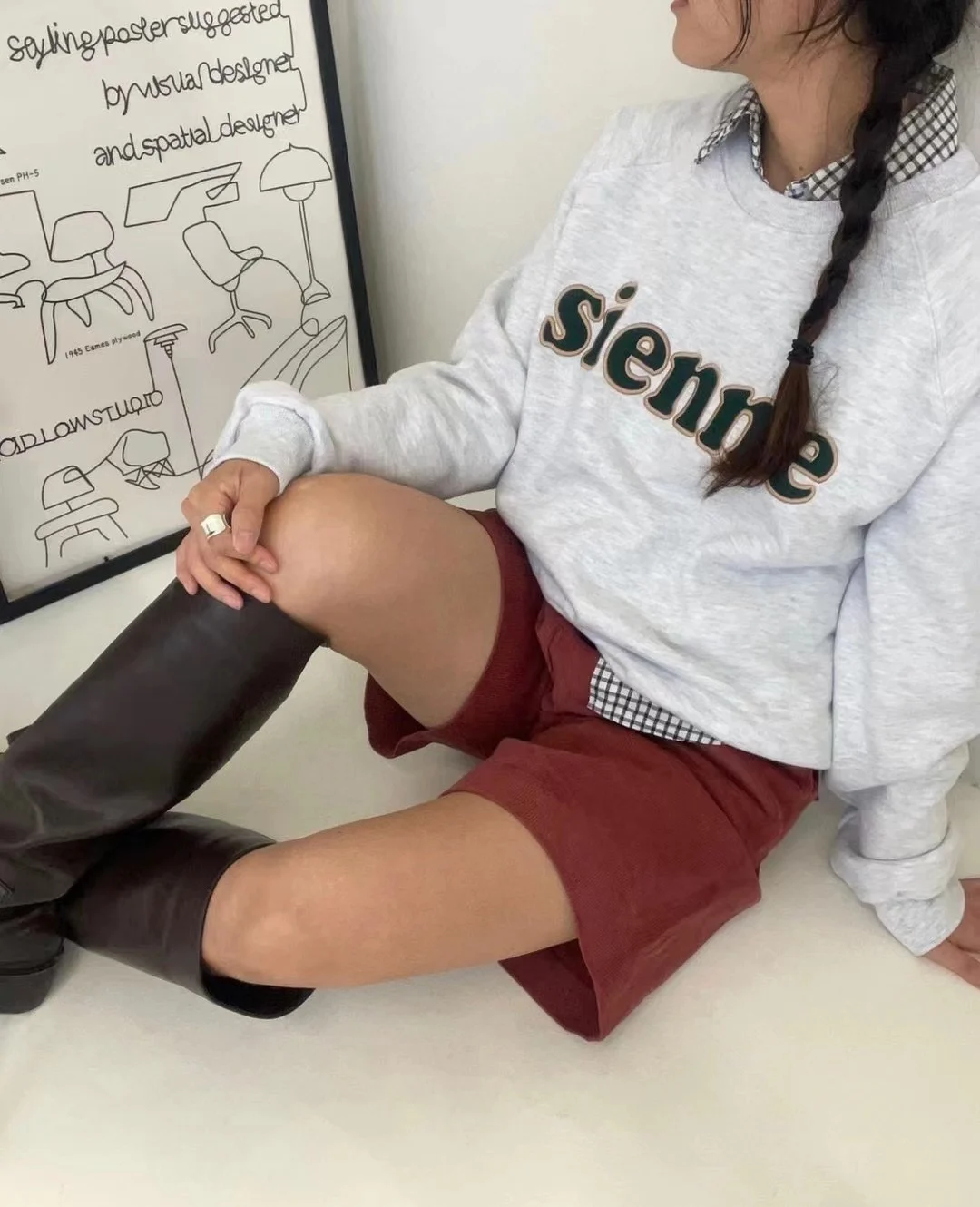 Dongdaemun Sienne Embroidered Letter American Retro Overhead round Ne Fce Sweatirt Women's Top Cotton 00%