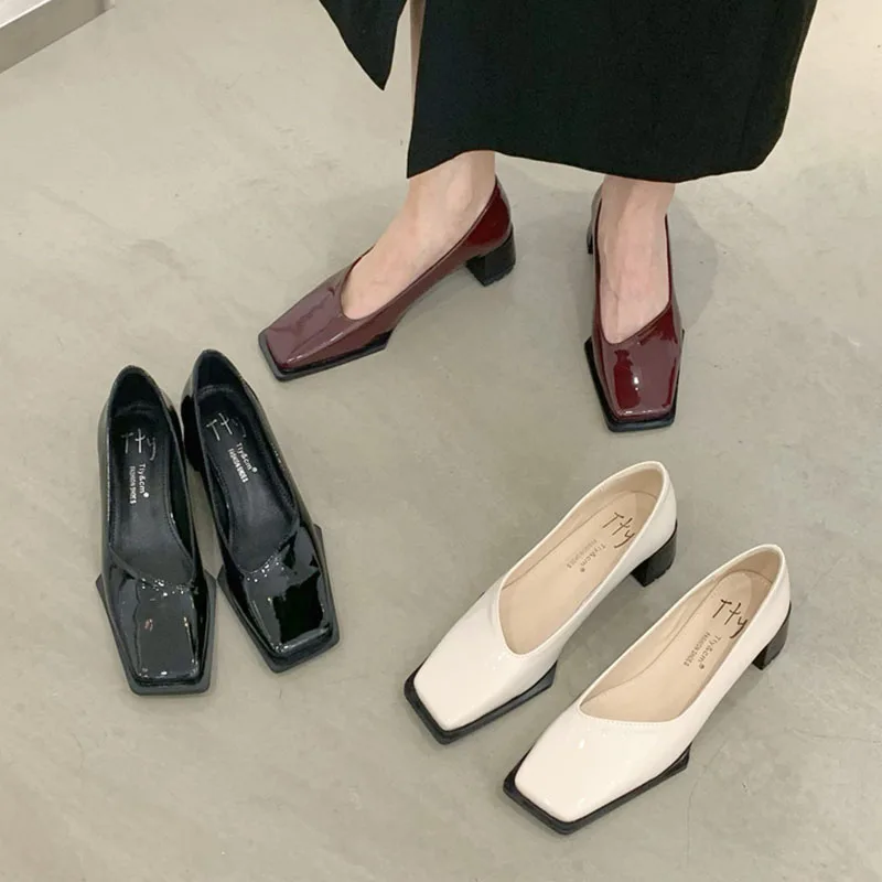 

2022 Spring New Shallow Slip On Women Red Pumps Shoes Square Med Heel Ladies Elegant Office Dress Shoes Zapatillas Mujer