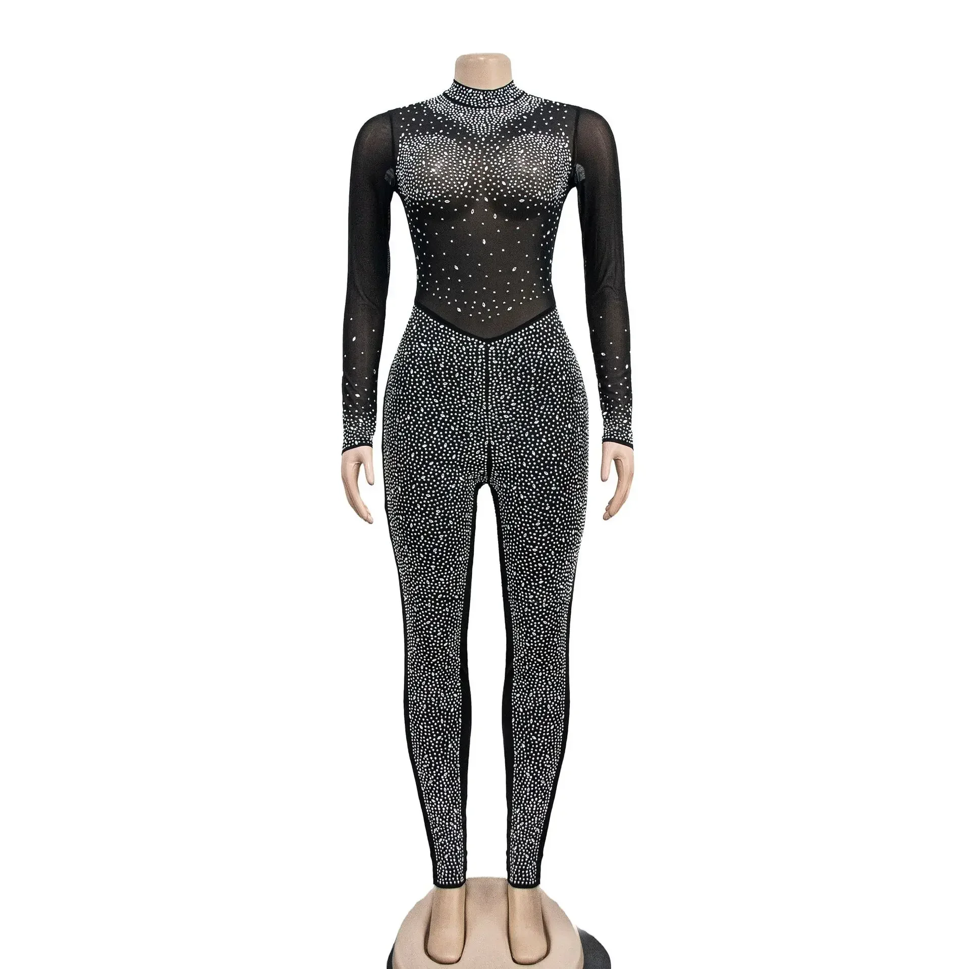 Sexy Jumpsuits for Women 2023 Overalls Fashion Nightclub Female Clothing Hot Drill Long-Sleeved See-Through Trousers Jumpsuit