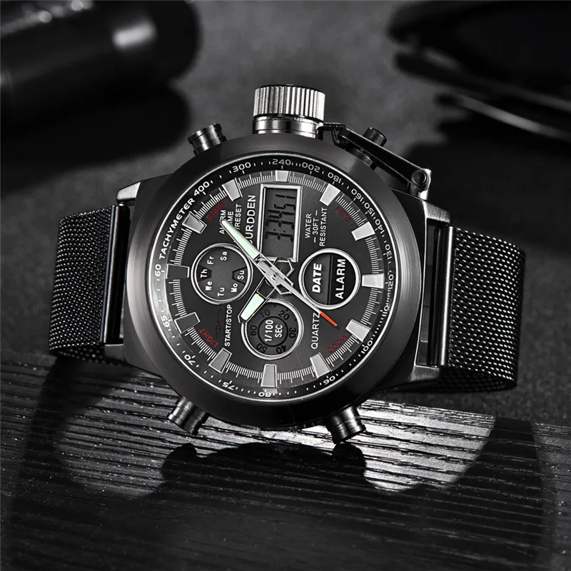 Men Genuine CURDDEN Brand Watches Fashion Full Steel Band Digital Multi-function Sports Watch Black Montres de Marque de Luxe
